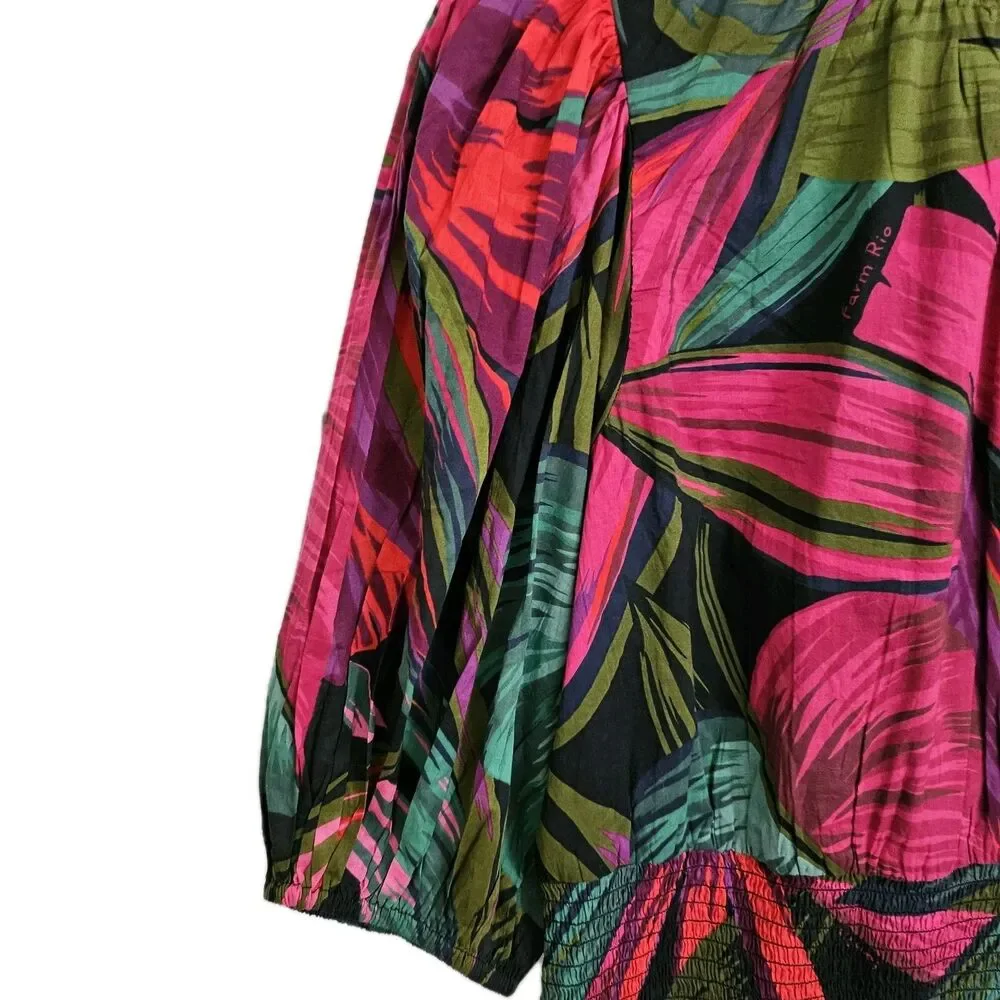 Farm Rio Midnight Leaves Mini‎ Dress Small Floral Print Smocked Short Sleeve